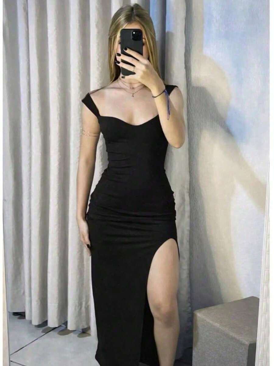 Elegant Women's Long RILARY Dress With Side Slit And Off-The-Shoulder Neckline – Fitted Style For Parties/Evenings - màu đen - Xem 1