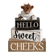 4-Piece Highland Cow Wooden Sign Farmhouse Wooden Tabletop Decor Farmhouse Tiered Tray Decor Rustic Highland Cow Wooden Block Sign Gift Center Decorative Piece Home Dining Table Decor - View 1