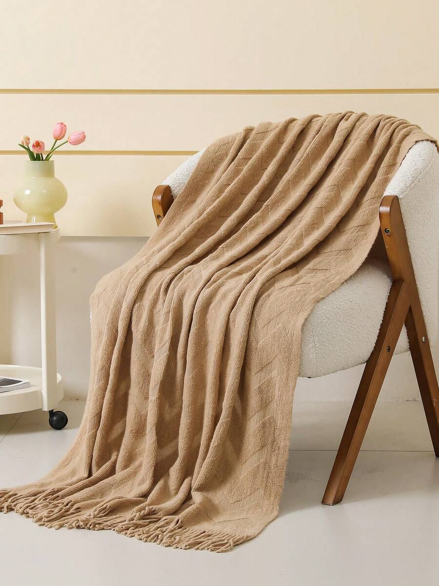 1 chiếc chăn sofa vuông nhỏ hai màu kẻ caro, chăn ném hình chữ nhật bằng polyester có tua rua, thích hợp cho giấc ngủ trưa ở văn phòng và sử dụng hàng ngày. - kaki gợn sóng vải terry của Pháp - Xem 1