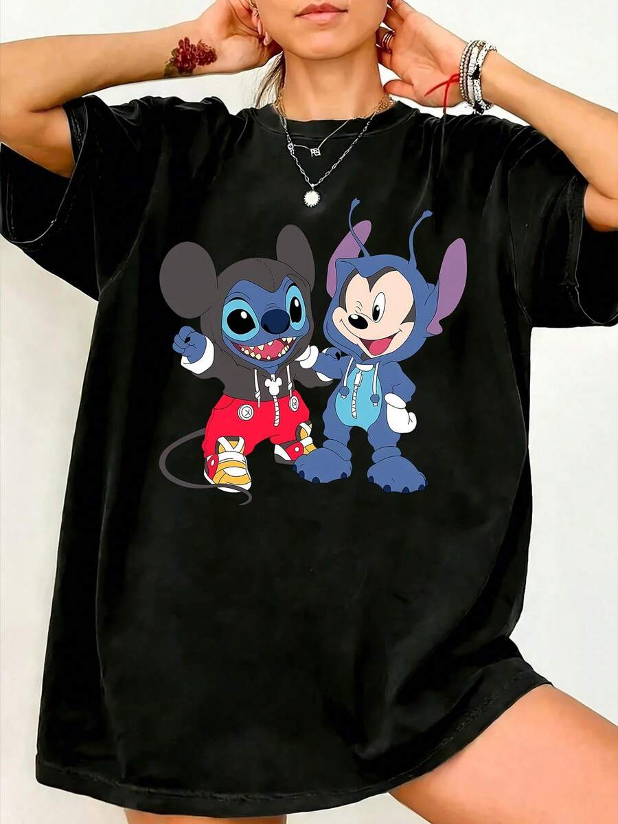 Disney Official Authorization, Women's Casual Cotton Round Neck Short Sleeve Regular Length T-Shirt With Stitch And Mickey Mouse Print, Breathable And Light, Suitable For Sports And Leisure Wear, Suitable For Gifts, Suitable For Parties. - 黑色 - 查看 1