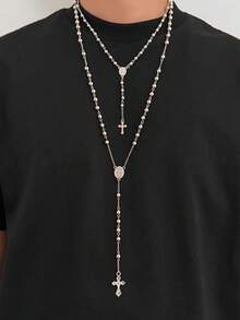 2pcs Fashionable Casual Minimalist Cross Pendant Necklace Set, Personalized Hiphop Beaded Chain Y-Necklace, Suitable For Daily Wear, Party, Holiday Gift - Y-shaped Long Necklace - View 4