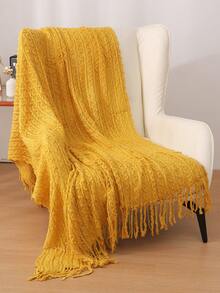 Cozy Knit Blanket With Ruffle Detail All-Season, Multi-Purpose & Comfortable For Camping, Sofa, Sunbathing, And Napping, Camping Essentials Ruffle Trim Blanket Knit, Camping Blanket - Wheat Ear Scarf Yellow - View 3