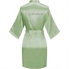 Women's Kimono Bride Bridesmaid Robes With Rhinestones Short Satin Bathrobes Wedding Party Getting Ready Day - 透明綠色伴娘袍 - 查看 1