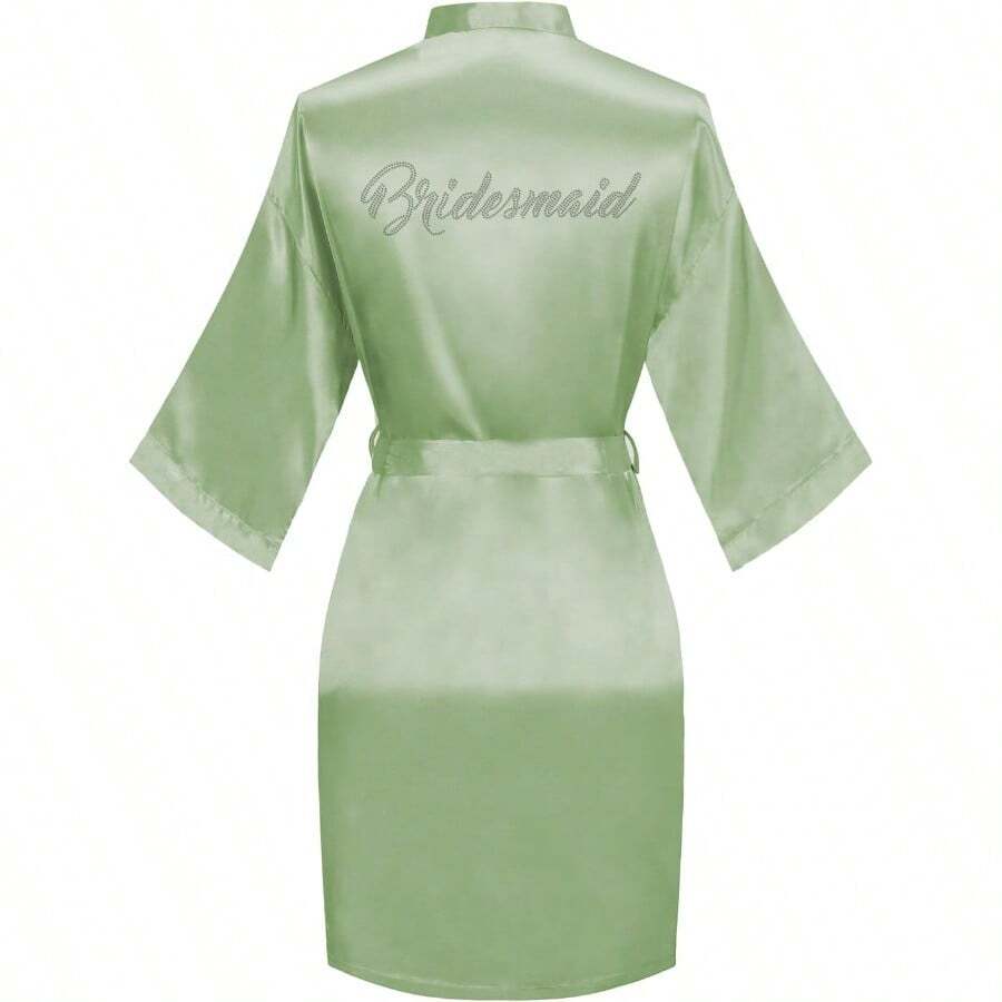 Women's Kimono Bride Bridesmaid Robes With Rhinestones Short Satin Bathrobes Wedding Party Getting Ready Day - 透明綠色伴娘袍 - 查看 1