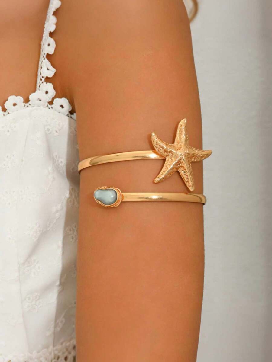 1pc Bohemian Style Starfish Faux Pearl Inlaid Gold Tone Arm Cuff, Suitable For Women's Daily Wear, Beach Vacation, Party - Multicolor - View 1