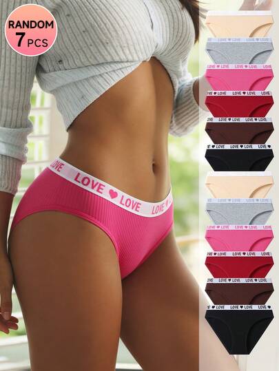7pcs Random LOVE Letter Jacquard Cotton Briefs, Elastic Comfortable Underwear For Women