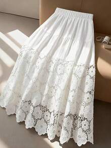 Luminous Wealth Women's Elegant White Non-Stretch Woven Fabric Long A-Line Skirt With Delicate Contrast Lace Detail Spring - 白色 - 查看 3
