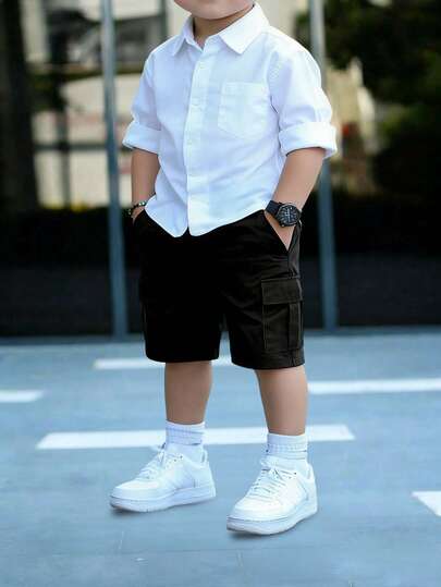 男童纯色休闲口袋涤纶工装短裤，1件装，适合4-7岁儿童，春夏秋季均可穿着。