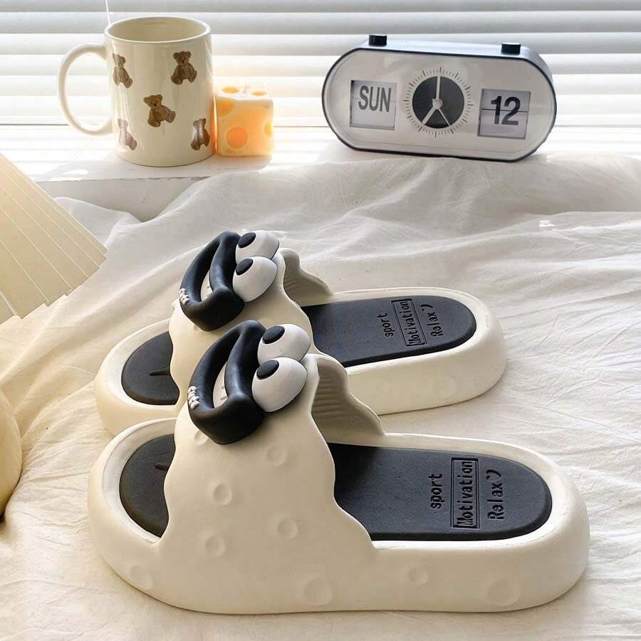 时尚百搭新款夏季女士EVA绑带拖鞋可爱卡通室内家居休闲凉鞋 - 白黑色 - 查看 1