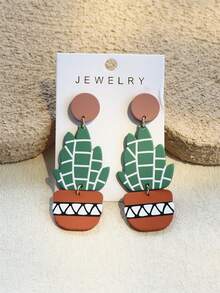 1对女士仙人掌盆栽印花陶瓷质感INS风设计可爱优雅长耳环 - 彩色 - 查看 10