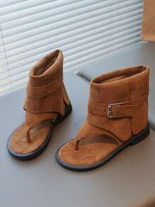 1 Pair Children's Retro Suede Leather High-Top Sandals With Toe Strap And Buckle Design - Brown - View 5