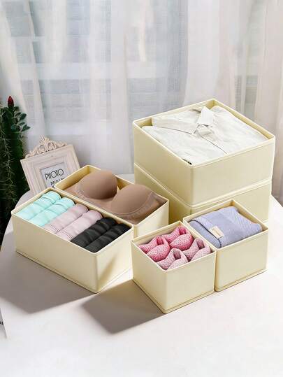 1/3/6pcs Beige Fabric Storage Boxes, Drawer Organizers, Dresser Organizers, Bedroom Clothing Storage Boxes For Dresses, Pants, Shoes, Jeans, Boots, Skirts, Bedroom, Home Organization, Spring Clothes, Minimalist, Summer Tops