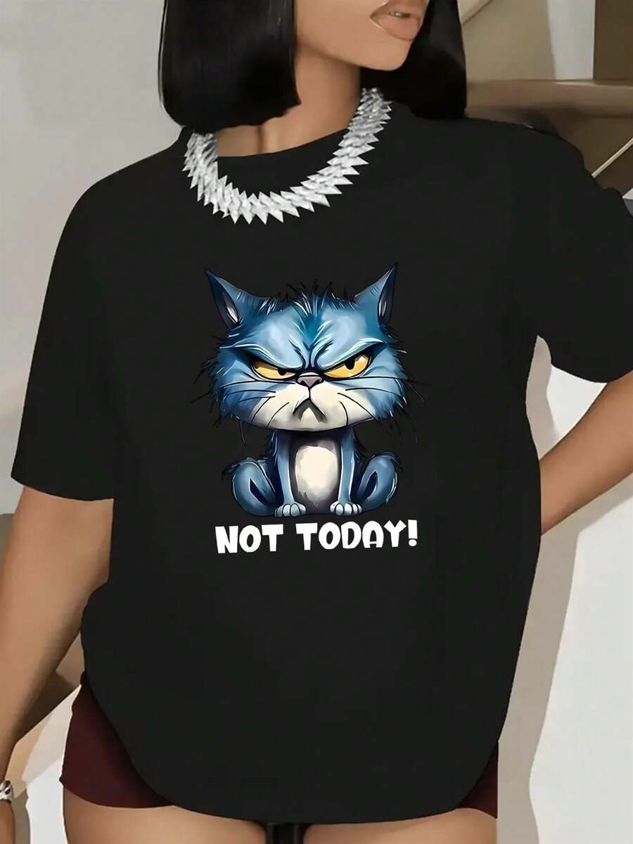 T-shirt femme avec une impression amusante d'un chat bleu "Je ne veux pas aujourd'hui". Design mignon de dessin animé kawaii, léger et durable, Top décontracté à col rond noir, convient pour la maison, le bureau et les loisirs, lavable en machine. - Noir - Voir 1