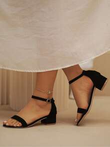 1 双时尚优雅的露趾低跟踝带凉鞋，适合青少年，夏季 - 黑色 - 查看 5