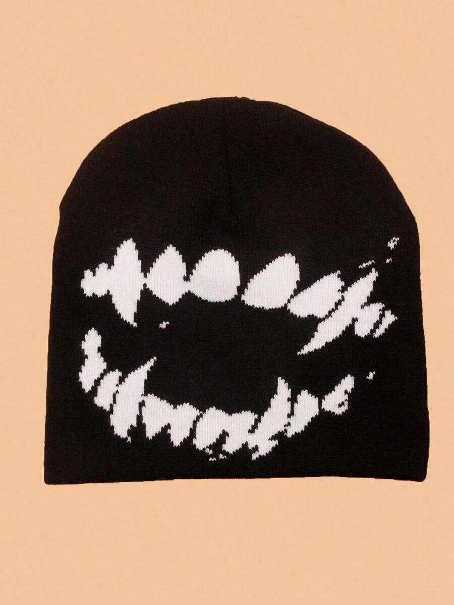 1pc Black Knitted Hat With Large Tooth Pattern Street Halloween Beanie Fall Outfit - Black and White - View 1