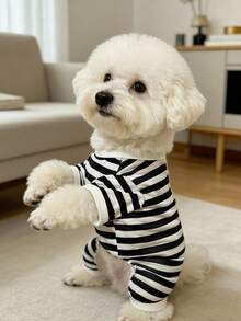 Black & White Striped Dog Clothes, Lightweight Breathable Pet Pajamas For Small Dogs Like Poodle And Teddy, Classic Black And White Striped Dog Belly Wrap, Small Dog Anti-Shedding Sleeping Clothes - Black and White - View 8