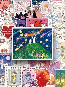 50pcs Cartoon Fantasy Dream Stickers, Cute Retro Aesthetic Sticker Set, Retro Watercolor Fashion Ins Stickers, Scrapbooking Stickers, Waterproof Vinyl Stickers, Bulk, Suitable For Water Bottles, Skateboards, Luggage, Laptops, Bumpers, Theme Party Supplies - 多色的 - 查看 3