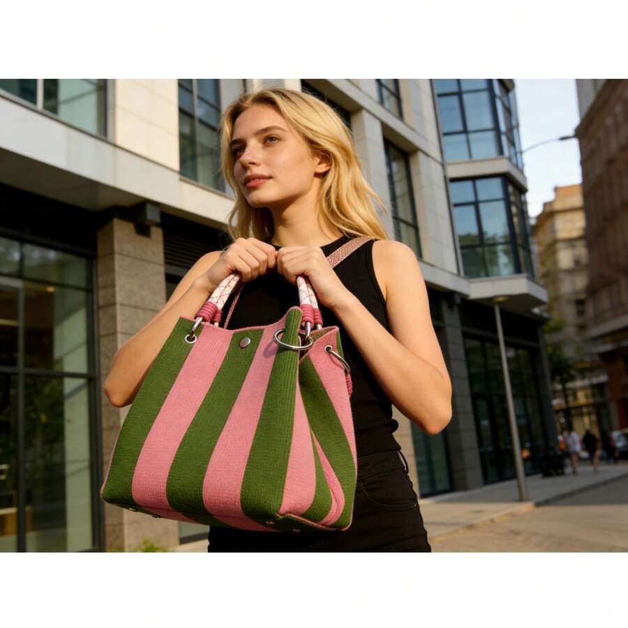VINCAN Bolso de mano de punto con estampado floral retro 2025, bolso de mano vintage de mujer con bloques de color, hecho de fibra de poliéster, con correa de hombro fija y hebilla de , adecuado para el trabajo, el transporte y el uso diario - Multicolor - Ver 1