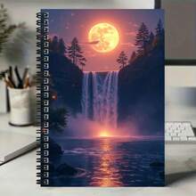 100-Page Dreamy Fantasy Spiral Notebook, Cover Featuring Magnificent Waterfall Under Full Moon, Satisfying Work, Study, And Diary Needs. Ideal For School, Graduation, Birthday Gifts. - L - View 5