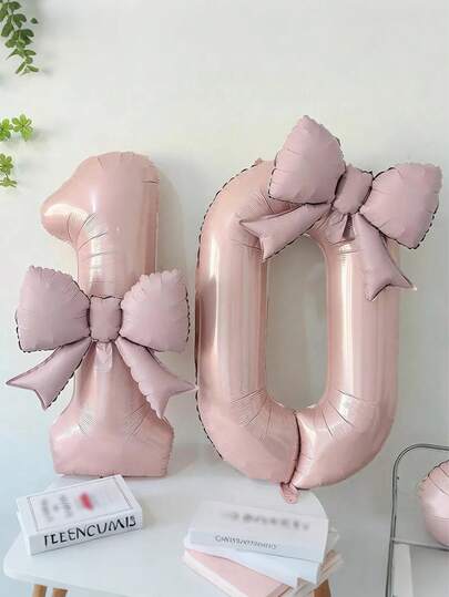 2件套 - 蝴蝶结装饰数字气球，包含1个40英寸粉色数字气球和1个21英寸粉色蝴蝶结装饰气球。适用于女宝宝一周岁生日庆祝、女孩生日派对、节日装饰、周年纪念、波西米亚风女孩生日派对、迎婴派对装饰。