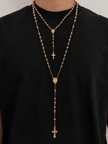 2pcs Fashionable Casual Minimalist Cross Pendant Necklace Set, Personalized Hiphop Beaded Chain Y-Necklace, Suitable For Daily Wear, Party, Holiday Gift - Y-shaped Long Necklace - View 3