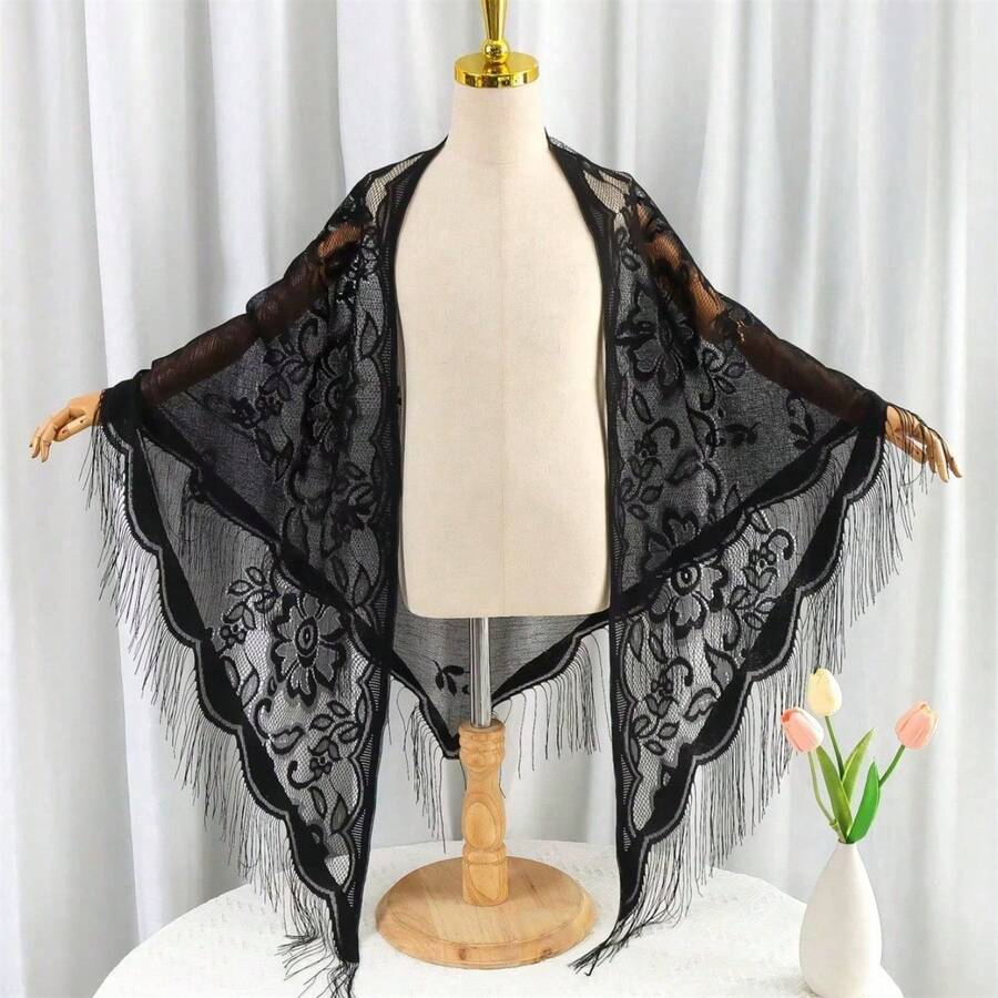 1pc Women's New Lace Fringe Shawl Scarf Lightweight Breathable Solid Color Triangular Scarf Headwraps Dress Accessory Wedding Party Bridesmaid Head Scarf Valentine's Day Valentines - màu đen - Xem 1