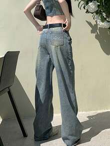 (Without Belt) Retro Wide-Leg Versatile Minimalist Women Jeans - Blue - View 4