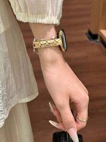 1条兼容苹果手表的女士金属细链表带，花卉镂空几何图案镶钻，无需工具即可调节，兼容苹果手表38/40/41/42/44/45/49/46毫米，兼容苹果手表Ultra3/2/1/SE/S10 9/8/7/6/5/4/3/2/1，配饰，时尚饰品，四季皆宜 - 金色 - 查看 5
