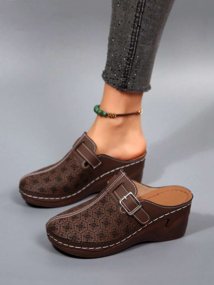 Vintage Hollow Out Mule Shoes, Adjustable Buckle Design, Thick Platform, Breathable, Soft Sole Non-Slip Slip-On Sandals - Coffee Brown - View 1