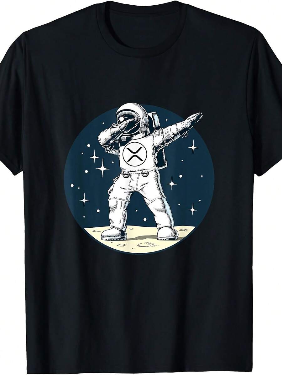 -Shirt Featuring A Playful Space Man With Ripple XRP And Cryptocurrency Themes - Black - View 1