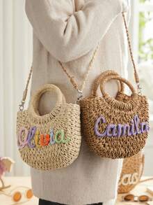 Customized Straw Beach Bag, Bridesmaid Beach Bag, Customized Gift Tote, Customized Straw Handbag, Wedding Party Gift, Flower Girl Basket - Multicolor - View 4