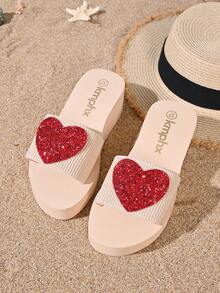 1 Pair Women's Red Heart Thick Sole Casual Exclusive Beach Style Sandals, Gold Fashion Versatile Beach Slippers For Spring/Summer - Red - View 7