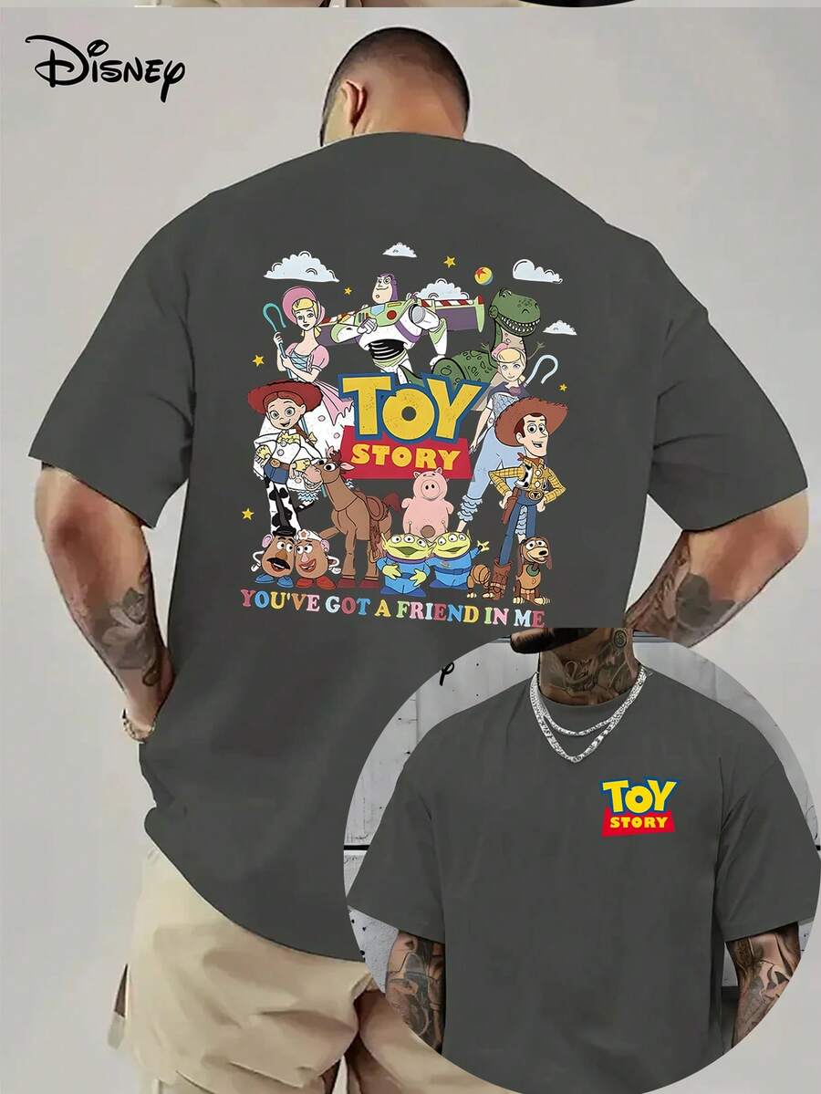 [Disney Official Genuine Authorization ]1pc Toy Story Men's T-Shirt Official Woody And Buzz Lightyear Printed Shirt With Dark Background Retro Animation Pattern Soft Breathable Material Birthday Party Dress, Casual Wear. - Xám - Xem 1