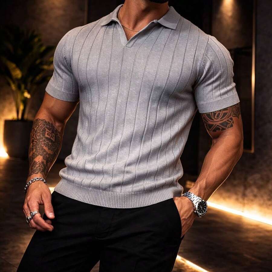 Men's Chic Lightweight Textured Knit Sweater Shirt, High Quality, Perfect For Autumn And Winter, Father's Day. - Grey - View 1