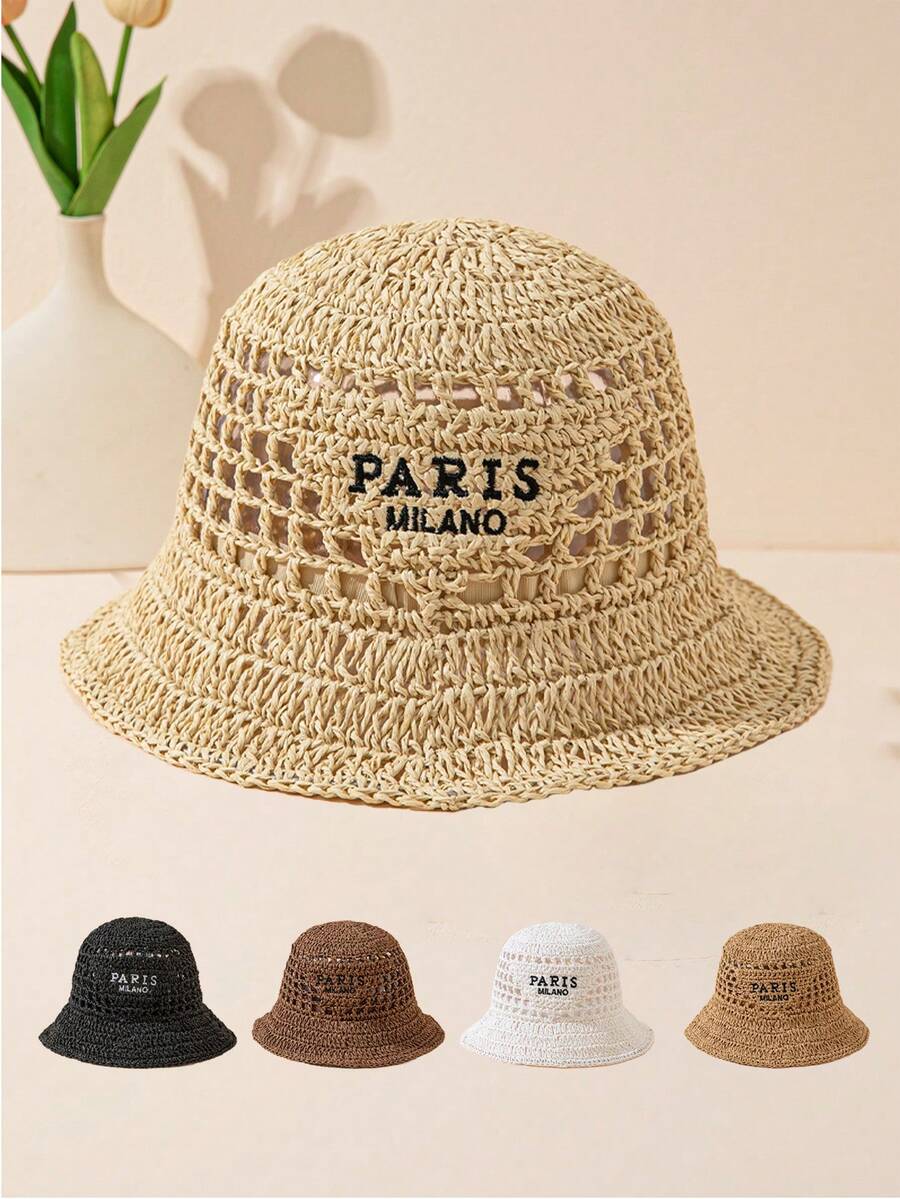 1 pieza Sombrero de paja bohemio de hombre con bordado de letra de triángulo invertido "Paris Milano" hecho a mano, adecuado para atuendo de playa y vacaciones - A - Ver 1