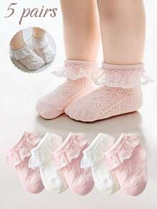 5/1 Pair Baby/Toddler Girls' Lace Trim Socks, Sweet Princess Style, Dance Socks, Breathable Mesh, Contrast Lace Design, White, Pink, Fashionable & Elegant, Classic Versatile, Suitable For Spring/Summer/Autumn, 0-5 Years Old, Lovely Gift - Multicolor - View 2