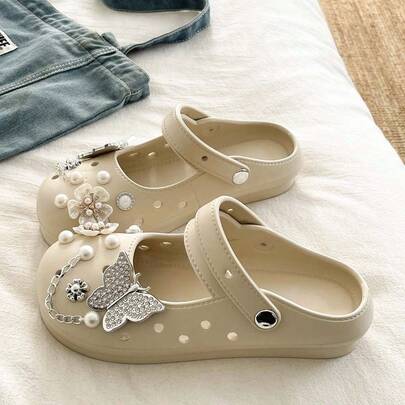 نعال منزلية ماري جين 2025 متعددة الاستخدامات، صندل خفيف الوزن سهل الارتداء مزين بفراشة إيفا وخرز، تصميم بسيط