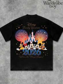 Disney Printed T-Shirt,Men's  Disney Mickey Minnie Donald Goofy Pluto Castle Fireworks 2026 Printed Pattern T-Shirts , Unisex,High-Quality Pure Cotton T-Shirt,Suitable For All Seasons, Comfortable And Breathable| Exquisite Design | The Best Choice For Giving Gifts - 黑色 - 查看 2
