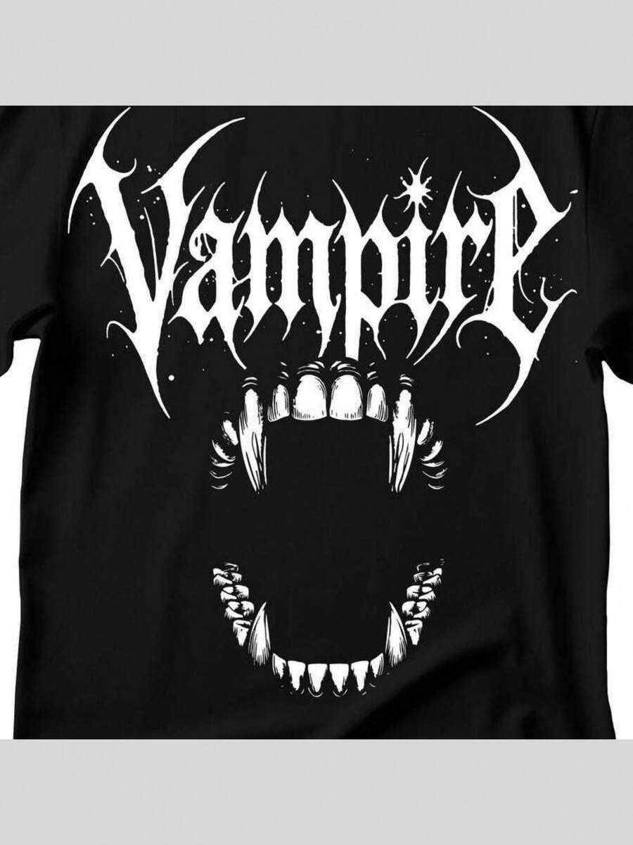 Vampire Fangs Graphic T-Shirt: Dracula Fang Tee - Negro - Ver 1