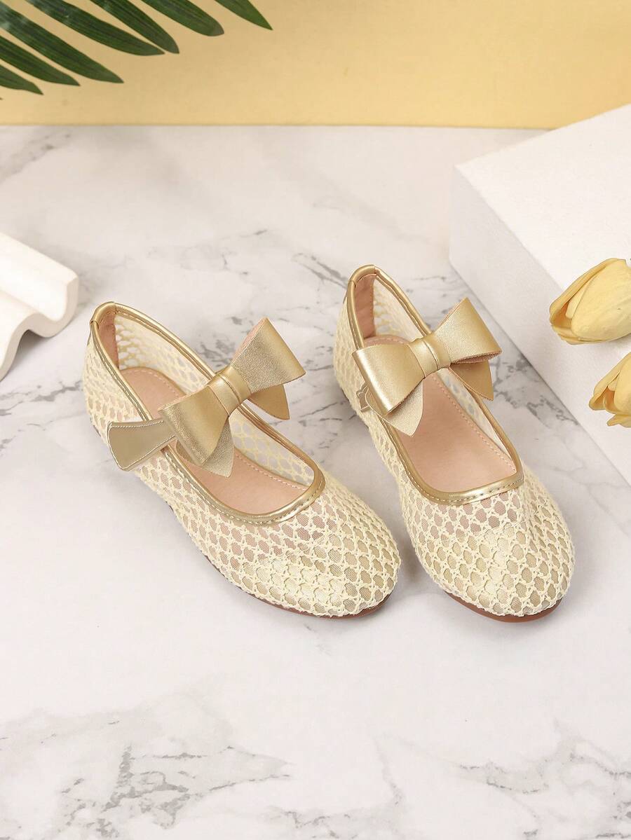 1 Pair Beautiful Bowknot Girls Shoes, Suitable For Spring/Summer Outdoor & Daily Wear - Gold - View 1