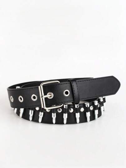 1pc Unisex Punk Rock Style Black Leather Bullet Shaped Metal Decor Silver Buckle Fashion Belt, Suitable For Teen Summer Casual Outdoor Hangouts, Vacation Travel, Graduation Gifts, Birthday Dress Accessories, Daily Wear, Concert Looks, Streetwear Outfits, Festival Styling