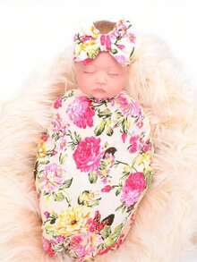 Receiving Blanket Headband Set Flower Print Baby Swaddle Blankets - Beige - View 2