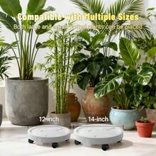 Organizador de plantas de 14 y 12 pulgadas con ruedas ocultas de 360° platillo rodante con orificio de drenaje y bandeja de drenaje extraíble para interiores y exteriores macetas de flores - Blanco - Ver 5