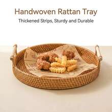 Round Rattan Tray With Handle - Woven Rattan Decorative Storage Tray With Sturdy Base, Cute Rustic Design, Easy To Clean - Rattan Tray Suitable For Decor, Breakfast, Coffee Table, Fruit, Vegetables, Bread, Dining And Kitchen Use, Home Decor, Outdoor Picnic, Great For Weddings And Birthdays, Ladies Gifts - Multifärgad - Visa 4