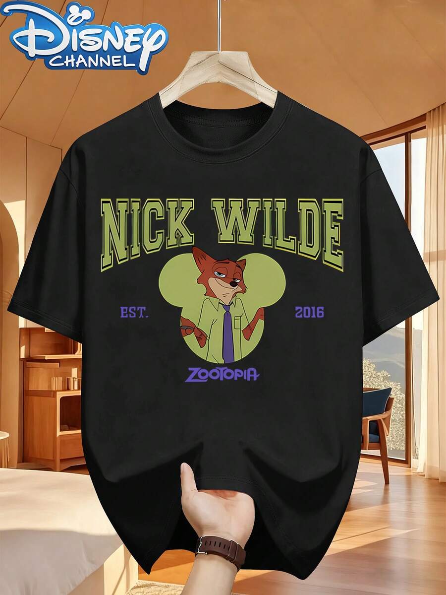 Disney Men'S T-Shirt Featuring A  Print Of Nick From Zootopia With The 'EST.2016' Logo, Designed With A Minimalist And Versatile Style. This Fashionable Round-Neck T-Shirt Is Made From Twill Fabric And Is Perfect For Summer Casual Wear - Black - View 1