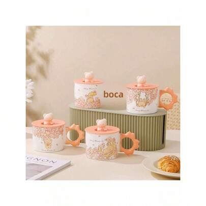 Taza de cerámica Linda con tapa, taza de café para mujer con cuchara, adecuada para uso en oficina y hogar, taza para desayuno, regalo sencillo de estilo ins.