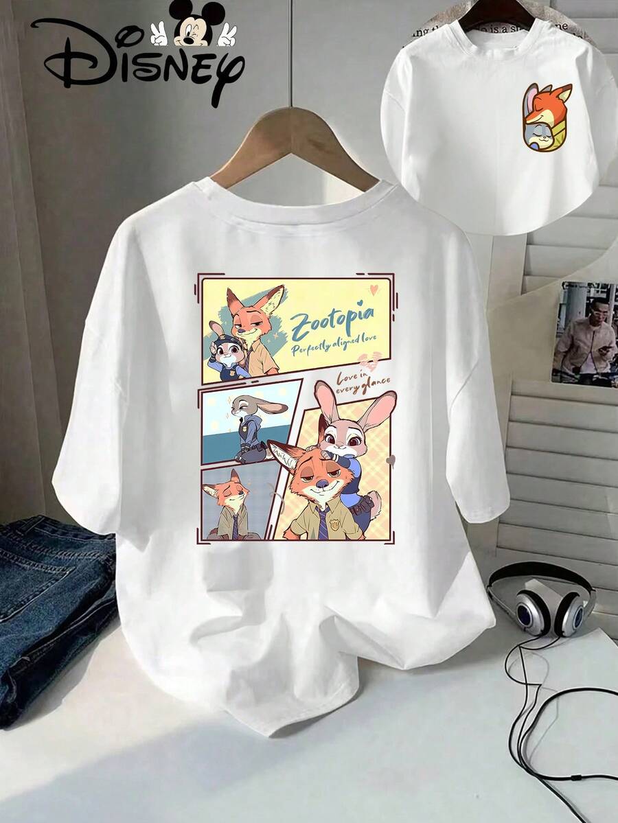 Casual Women's Disney Zootopia Print Cotton Short Sleeve Round Neck T-Shirt - 白色 - 查看 1