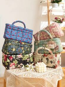 1 pieza Cesta de almacenamiento con patrón floral práctica, cesta organizadora multiusos para juguetes, ropa, cosméticos, decoración del hogar, cesta de picnic portátil, artículo popular para el Día de San Valentín - Multicolor - Ver 2