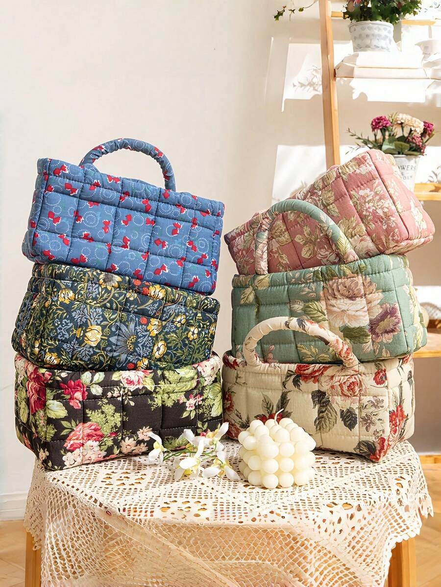 1 pieza Cesta de almacenamiento con patrón floral práctica, cesta organizadora multiusos para juguetes, ropa, cosméticos, decoración del hogar, cesta de picnic portátil, artículo popular para el Día de San Valentín