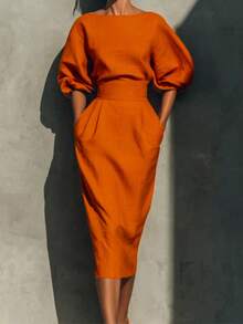 女士优雅船领花瓣袖中长连衣裙，高腰褶裥口袋通勤连衣裙 - 橘色 - 查看 1